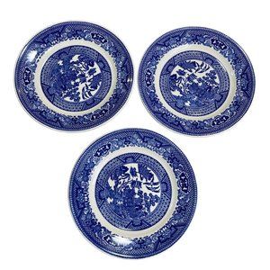 3 Vtg Blue Willow Pagoda River Scene & Love Birds 6.5" Plates Japan